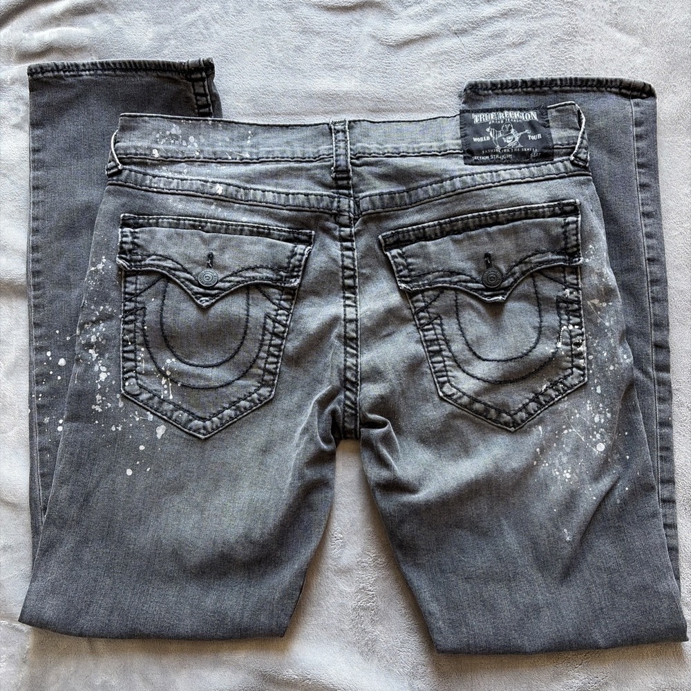 True Religion Jeans Mens 38x33 Black Flap Pocket Relaxed Straight Paint Splatter